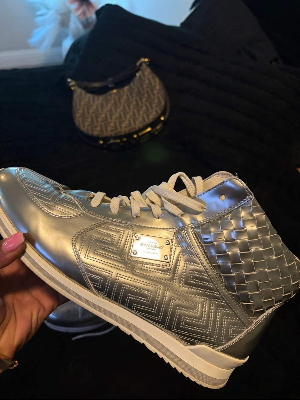 Versace Silver Geometric High-Top Sneakers